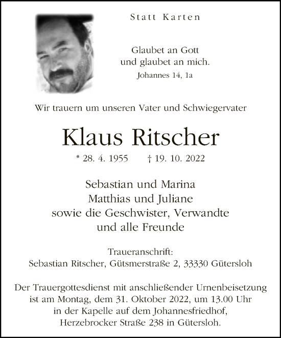 Traueranzeige von Klaus Ritscher von Neue Westfälische