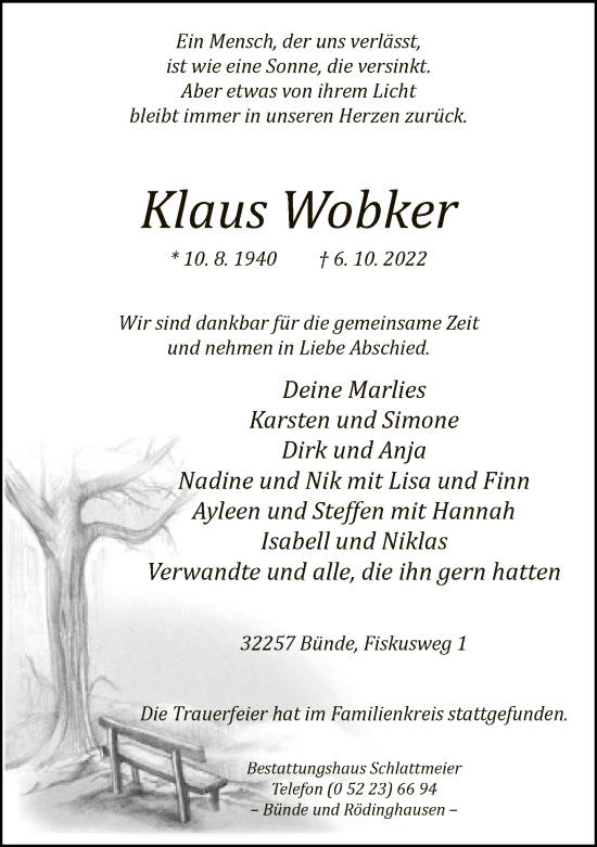 Traueranzeige von Klaus Wobker von Neue Westfälische