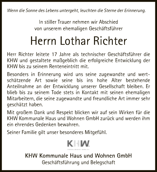 Traueranzeige von Lothar Richter von Neue Westfälische