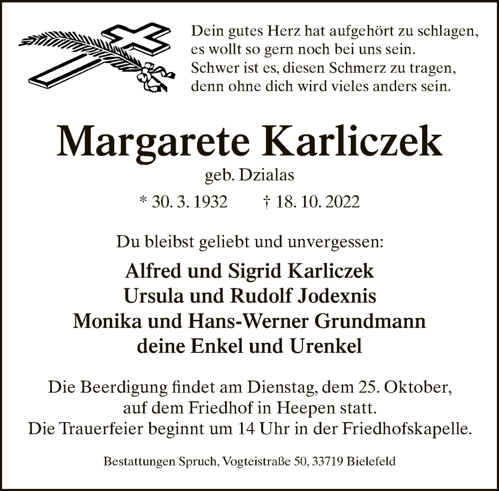  Traueranzeige für Margarete Karliczek vom 22.10.2022 aus Neue Westfälische