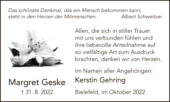 Traueranzeige von Margret Geske von Neue Westfälische