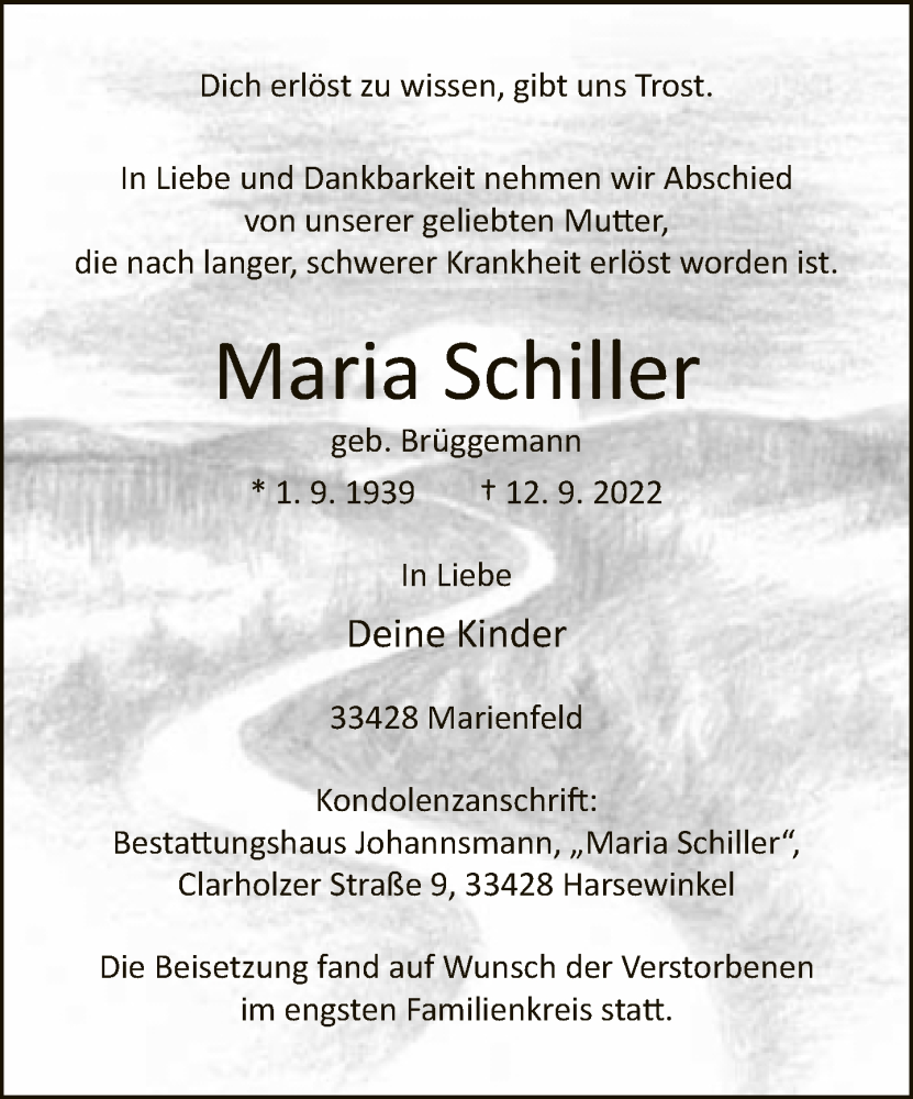  Traueranzeige für Maria Schiller vom 01.10.2022 aus Neue Westfälische