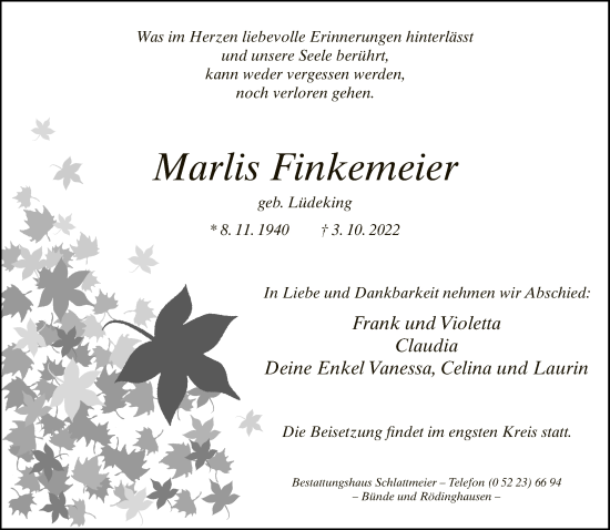 Traueranzeige von Marlis Finkemeier von Neue Westfälische