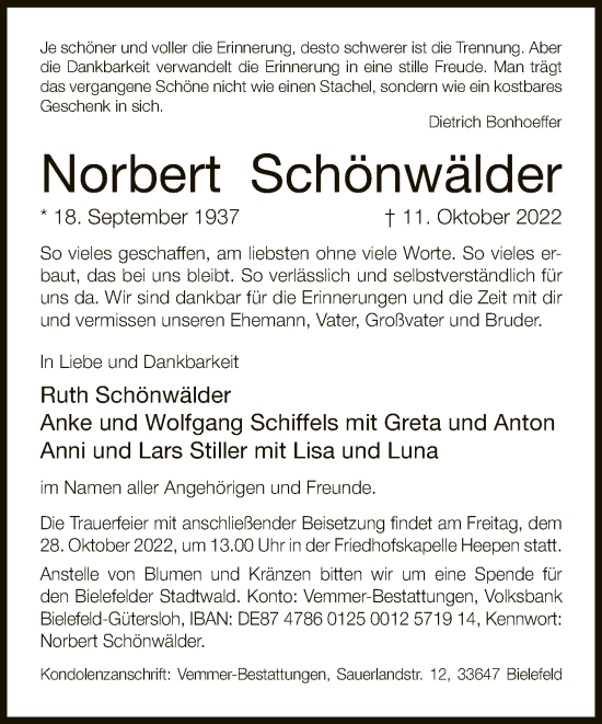 Traueranzeige von Norbert Schönwälder von Neue Westfälische