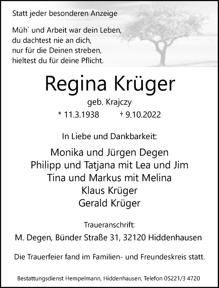  Traueranzeige für Regina Krüger vom 15.10.2022 aus Neue Westfälische