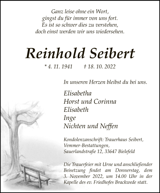 Traueranzeige von Reinhold Seibert von Neue Westfälische