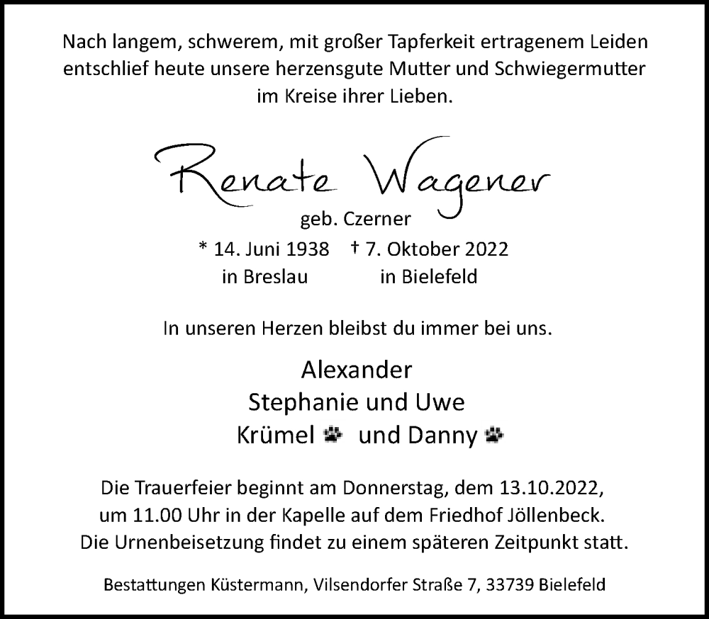  Traueranzeige für Renate Wagener vom 12.10.2022 aus Neue Westfälische