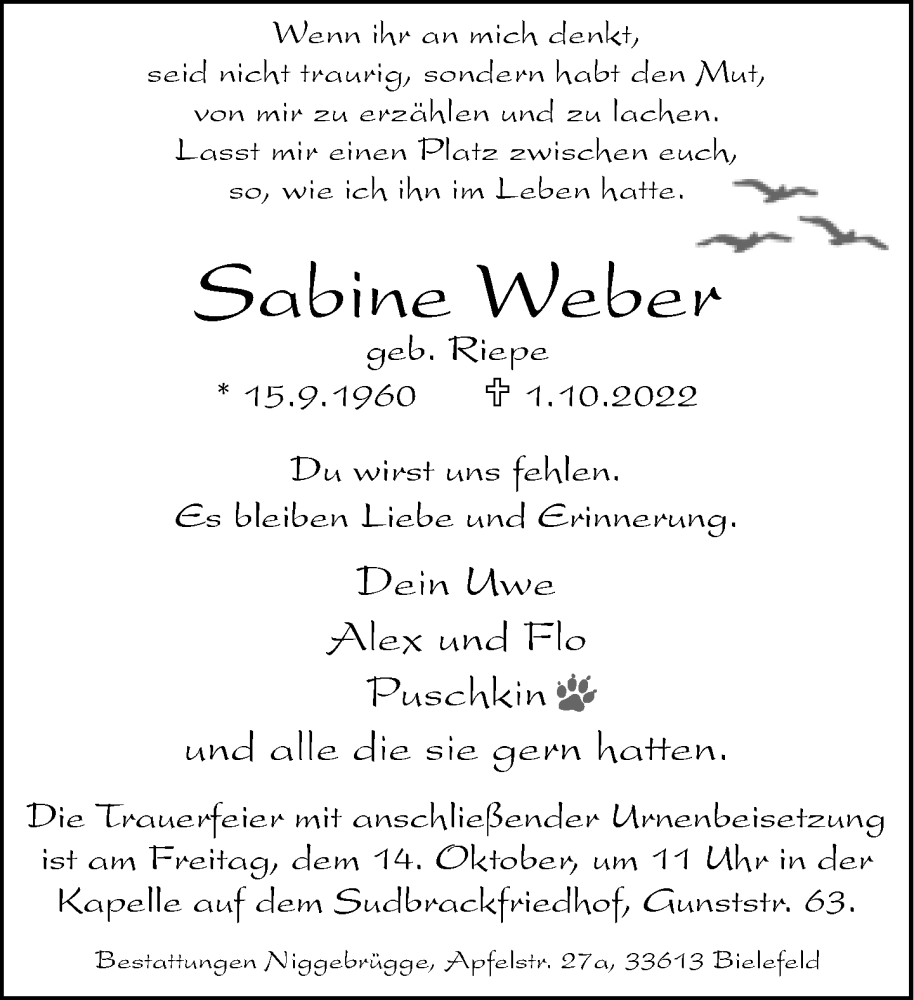  Traueranzeige für Sabine Weber vom 08.10.2022 aus Neue Westfälische