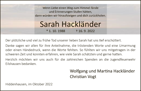 Traueranzeige von Sarah Hackländer von Neue Westfälische