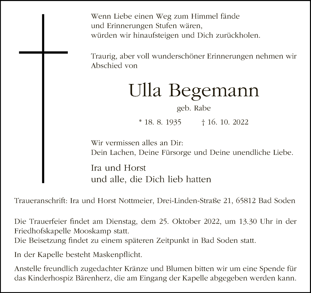  Traueranzeige für Ulla Begemann vom 22.10.2022 aus Neue Westfälische