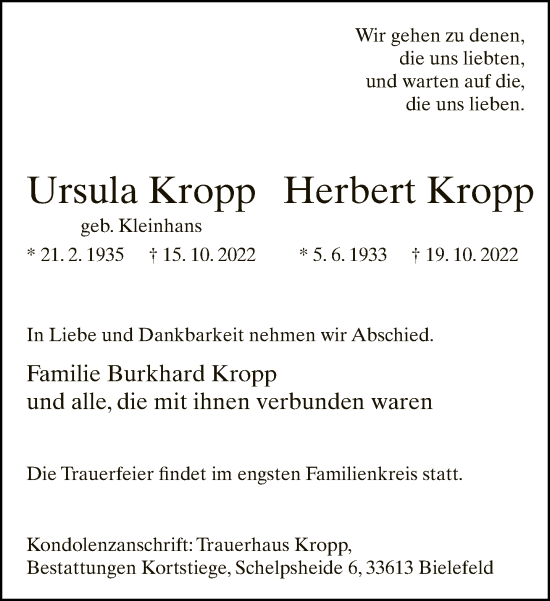 Traueranzeige von Ursula und Herbert Kropp von Neue Westfälische