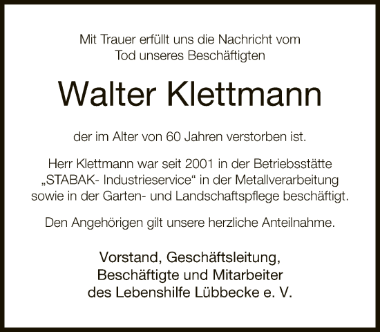 Traueranzeige von Walter Klettmann von Neue Westfälische