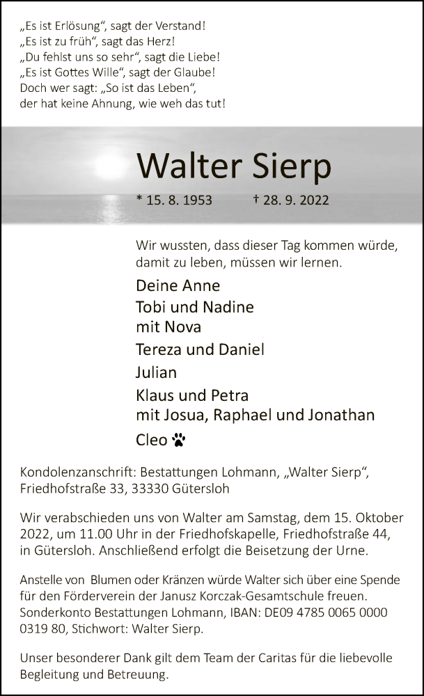  Traueranzeige für Walter Sierp vom 01.10.2022 aus Neue Westfälische