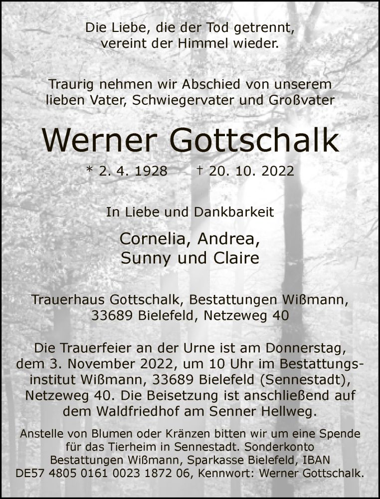  Traueranzeige für Werner Gottschalk vom 26.10.2022 aus Neue Westfälische