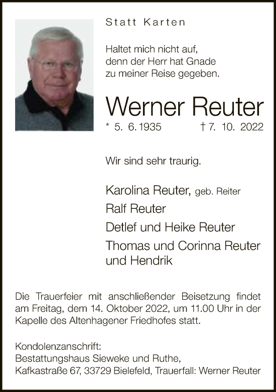 Traueranzeige von Werner Reuter