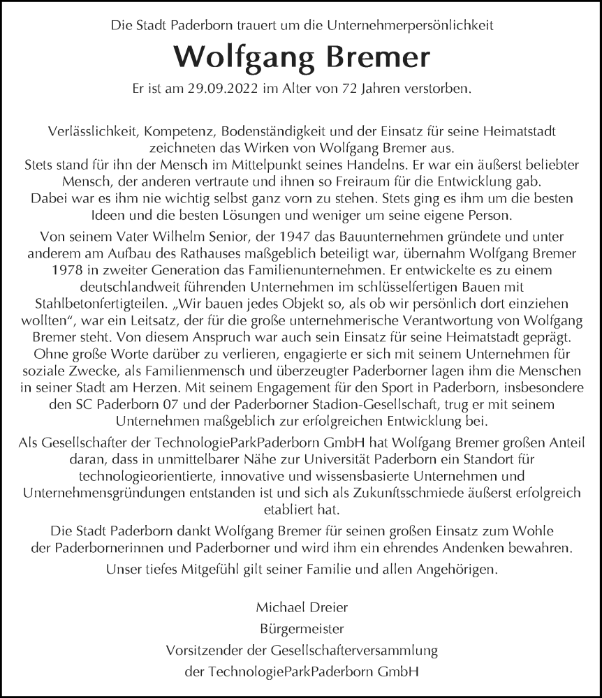  Traueranzeige für Wolfgang Bremer vom 01.10.2022 aus Neue Westfälische