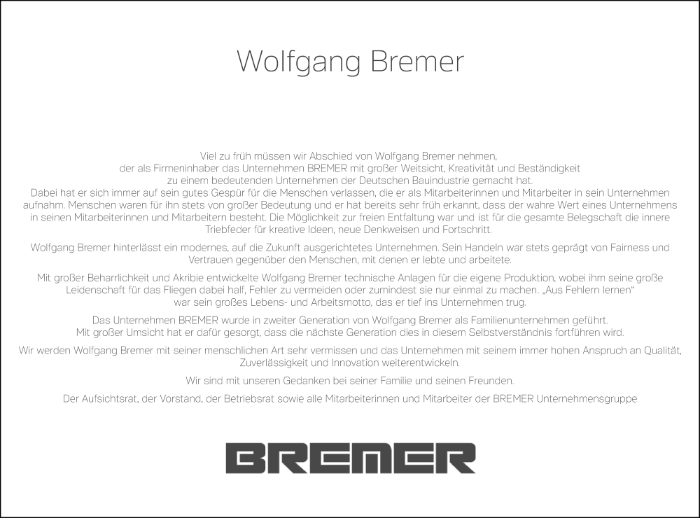  Traueranzeige für Wolfgang Bremer vom 01.10.2022 aus Neue Westfälische