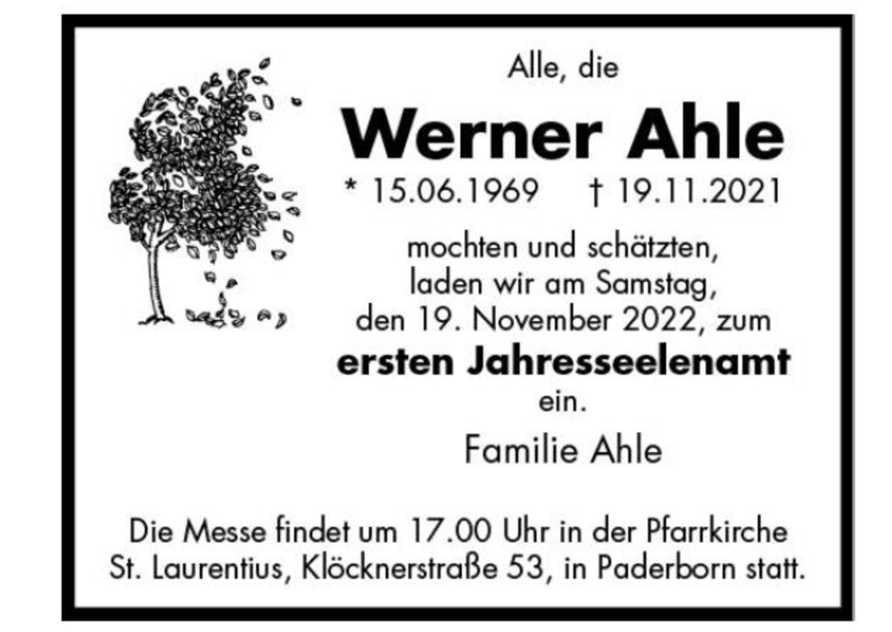  Traueranzeige für Werner Ahle vom 16.11.2022 aus Neue Westfälische