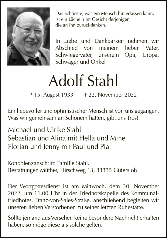 Traueranzeige von Adolf Stahl von Neue Westfälische
