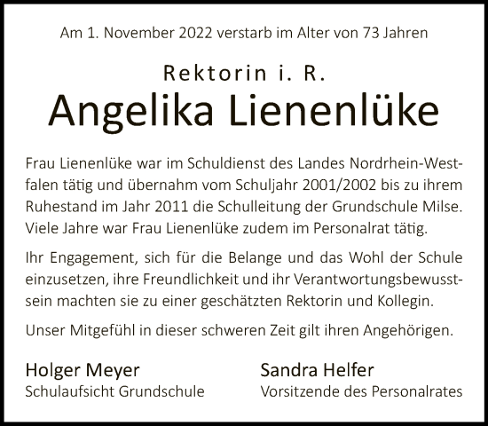 Traueranzeige von Angelika Lienenlüke von Neue Westfälische