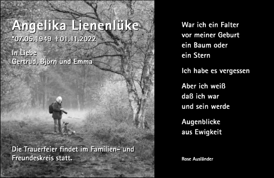 Traueranzeige von Angelika Lienenlüke von Neue Westfälische