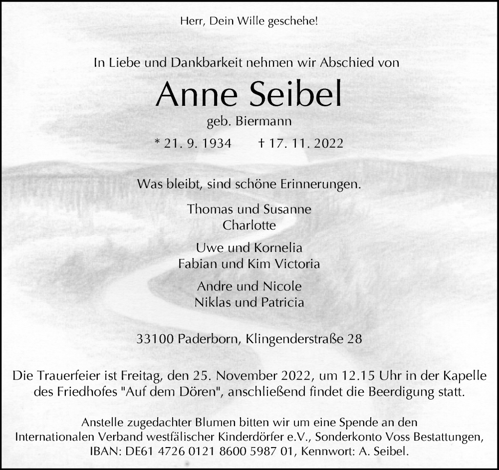  Traueranzeige für Anne Seibel vom 19.11.2022 aus Neue Westfälische