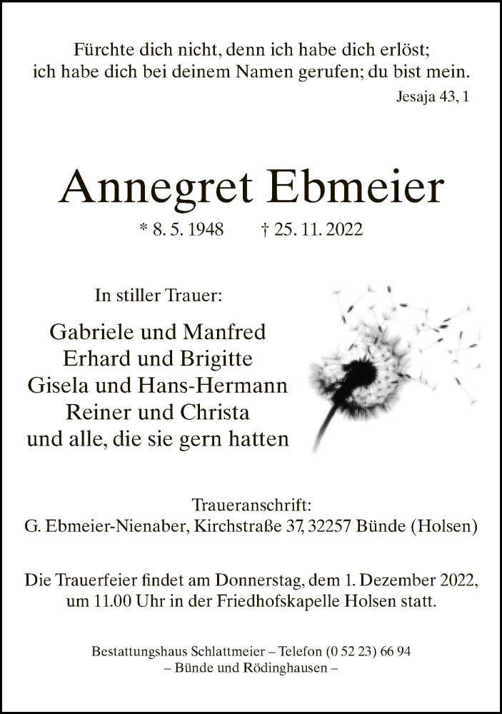  Traueranzeige für Annegret Ebmeier vom 29.11.2022 aus Neue Westfälische