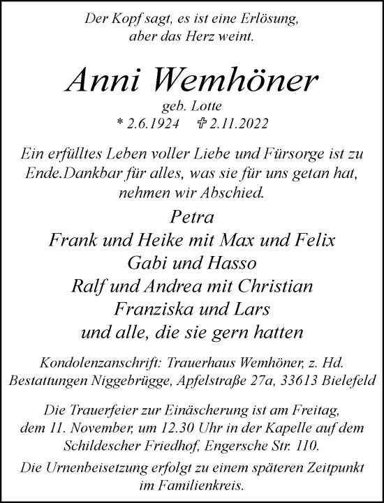 Traueranzeige von Anni Wemhöner von Neue Westfälische