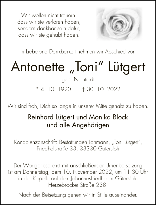 Traueranzeige von Antonette  Lütgert von Neue Westfälische