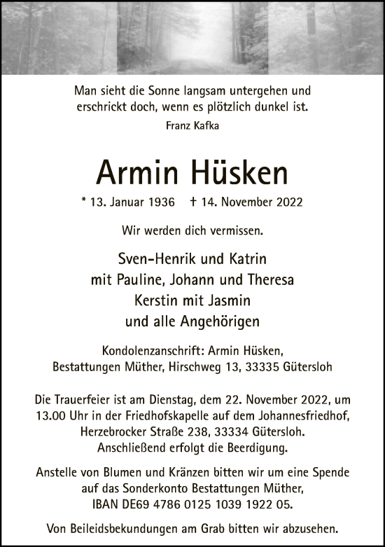 Traueranzeige von Armin Hüsken von Neue Westfälische