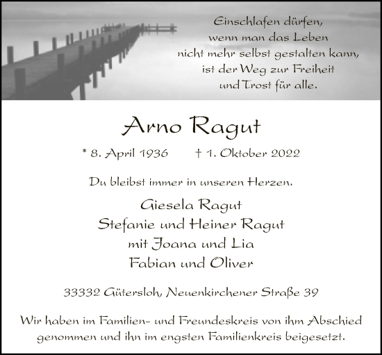 Traueranzeige von Arno Ragut von Neue Westfälische