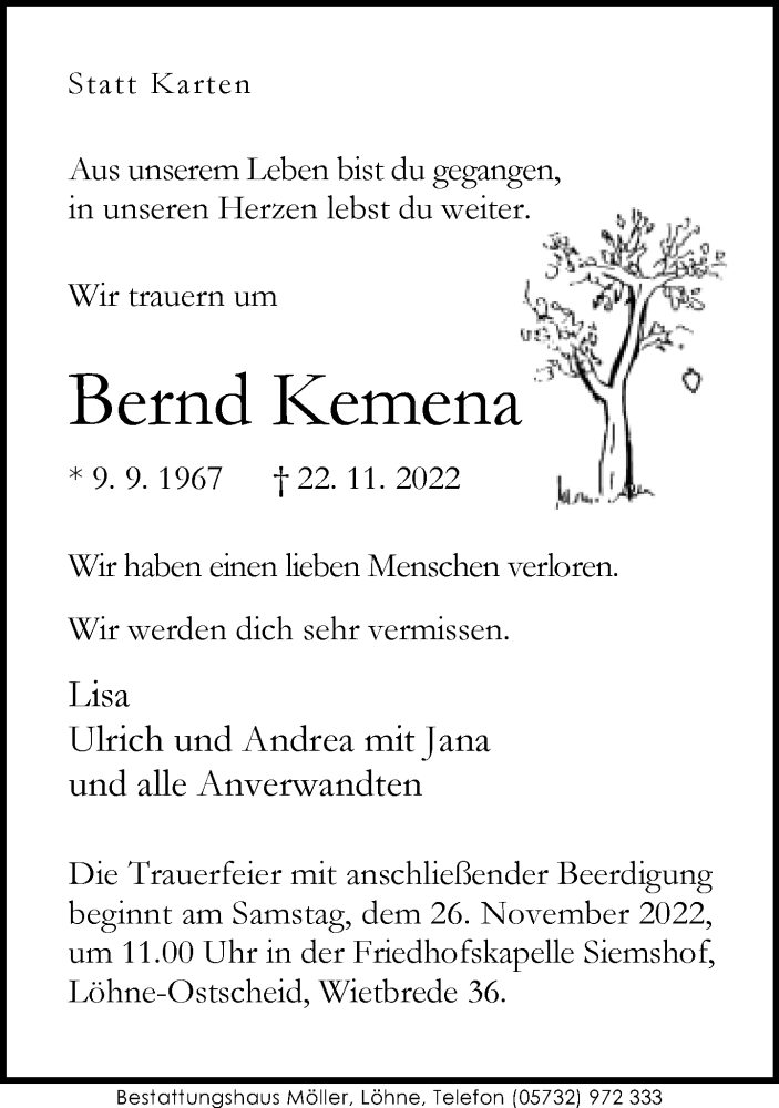  Traueranzeige für Bernd Kemena vom 24.11.2022 aus Neue Westfälische