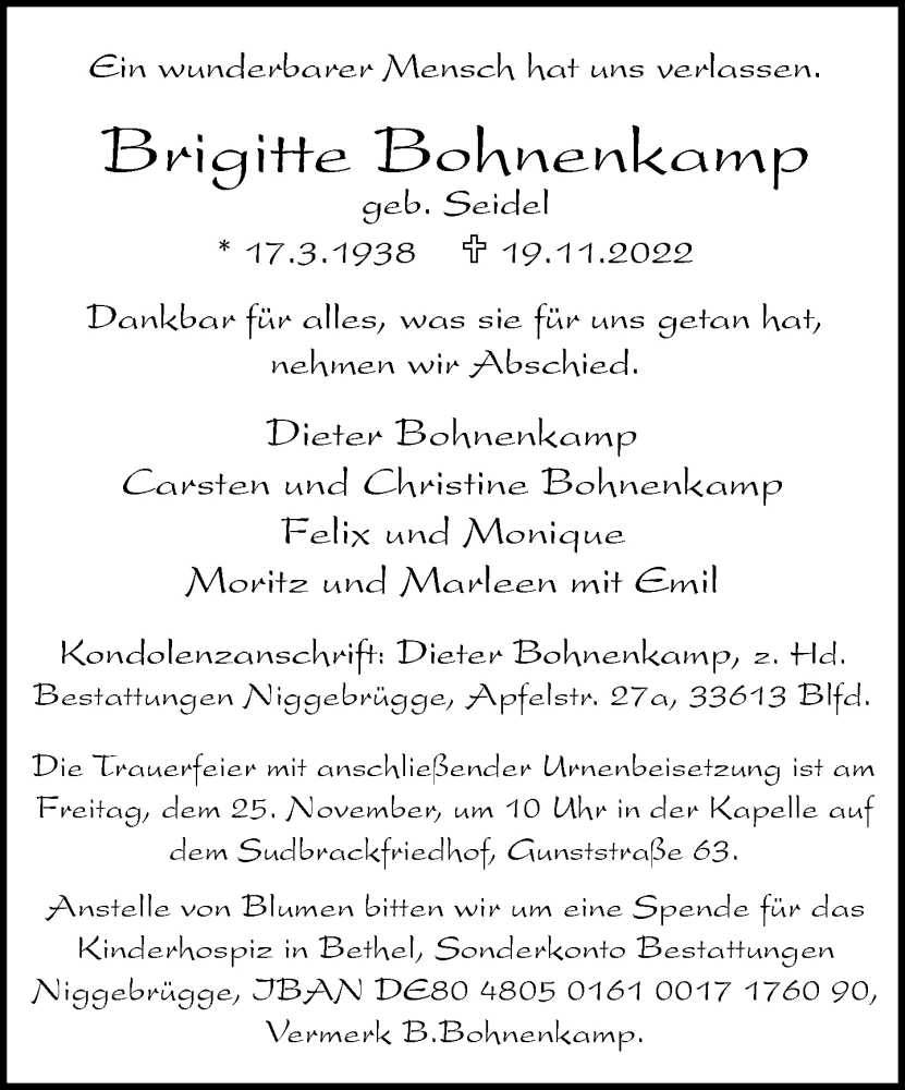  Traueranzeige für Brigitte Bohnenkamp vom 23.11.2022 aus Neue Westfälische