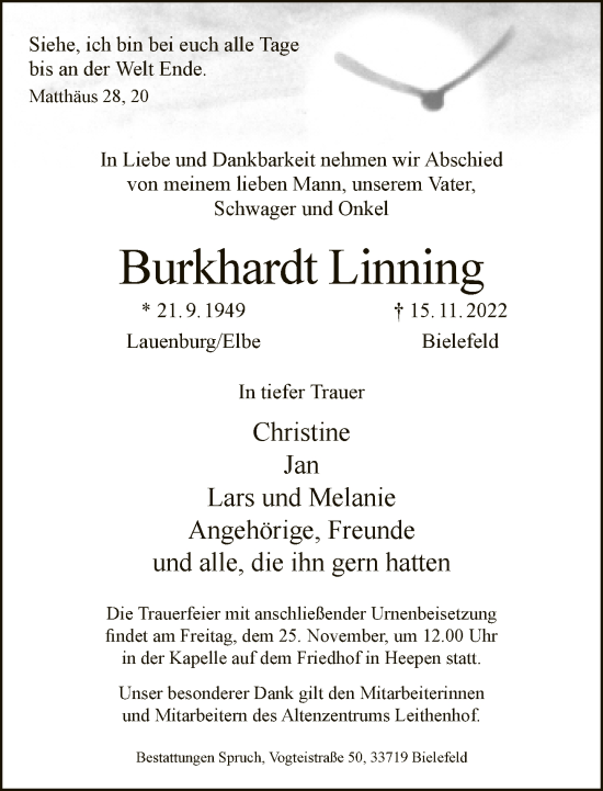 Traueranzeige von Burkhardt Linning von Neue Westfälische