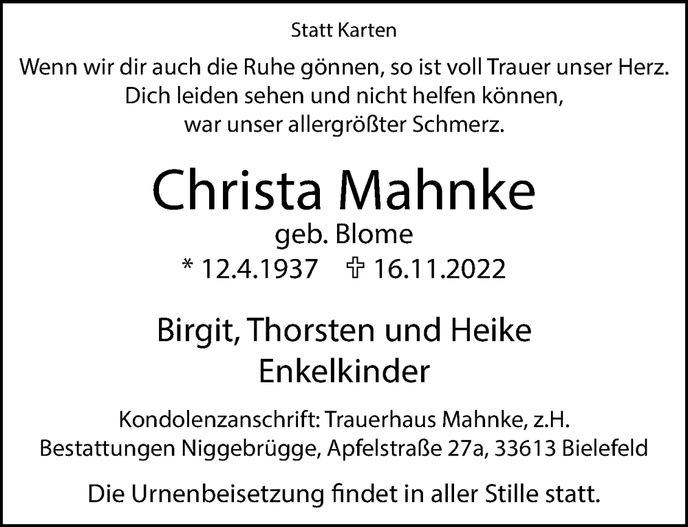  Traueranzeige für Christa Mahnke vom 23.11.2022 aus Neue Westfälische
