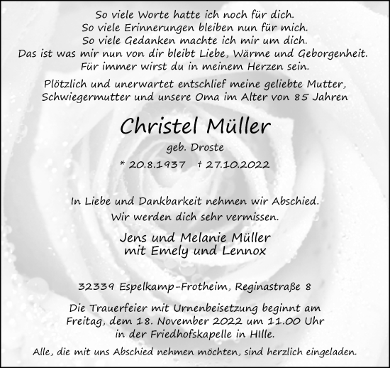 Traueranzeige von Christel Müller von Neue Westfälische