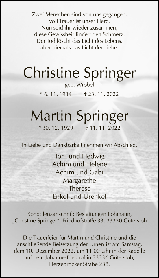 Traueranzeige von Christine und Martin Springer von Neue Westfälische