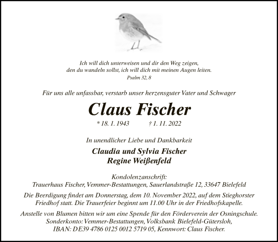 Traueranzeige von Claus Fischer von Neue Westfälische