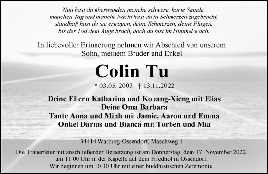 Traueranzeige von Colin Tu von Neue Westfälische