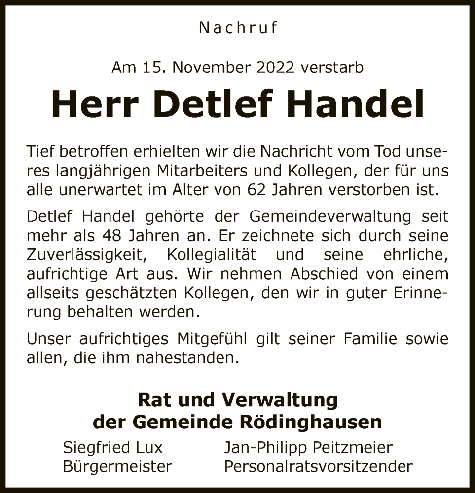  Traueranzeige für Detlef Handel vom 25.11.2022 aus Neue Westfälische