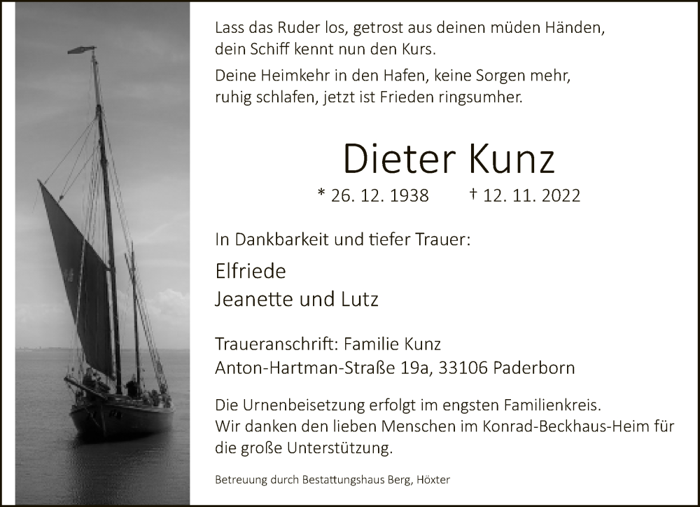  Traueranzeige für Dieter Kunz vom 19.11.2022 aus Neue Westfälische