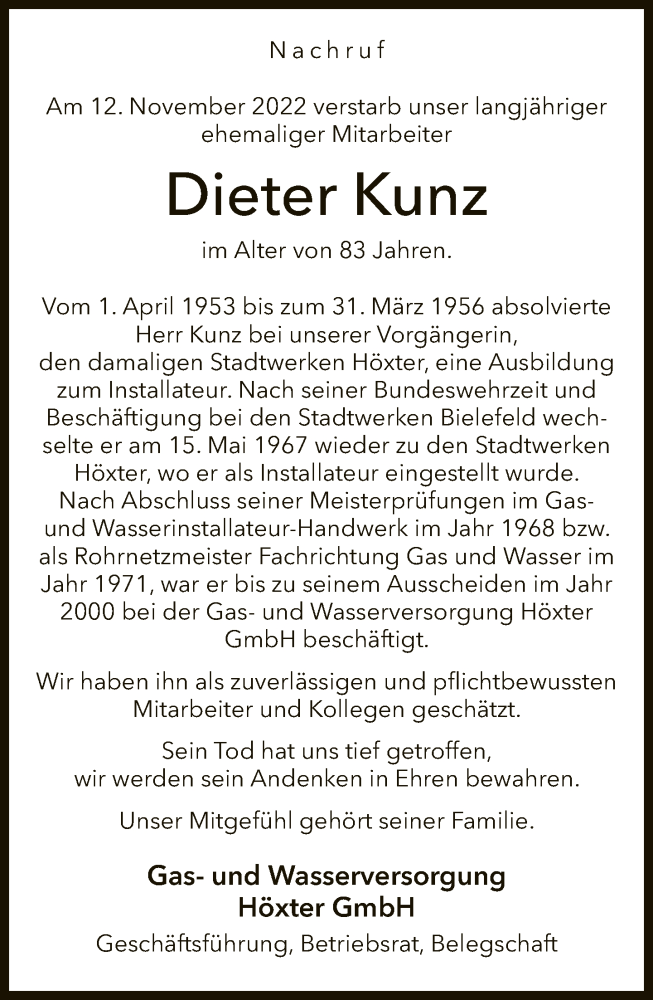  Traueranzeige für Dieter Kunz vom 24.11.2022 aus Neue Westfälische