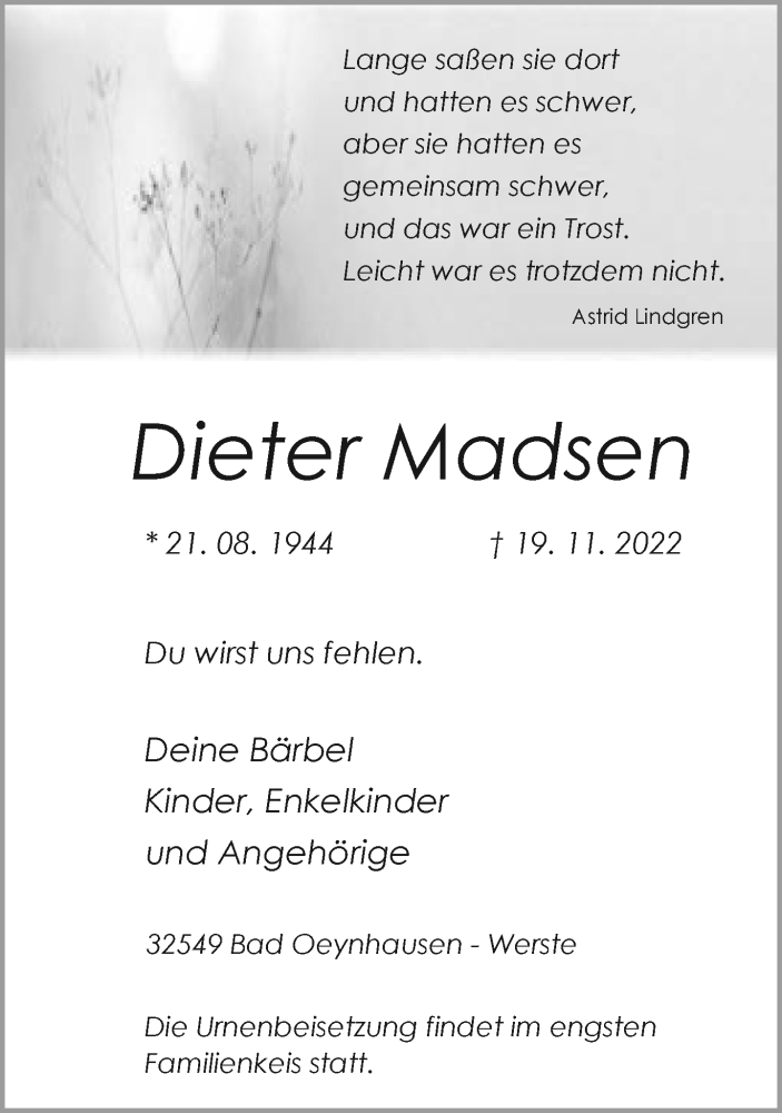  Traueranzeige für Dieter Madsen vom 22.11.2022 aus Neue Westfälische