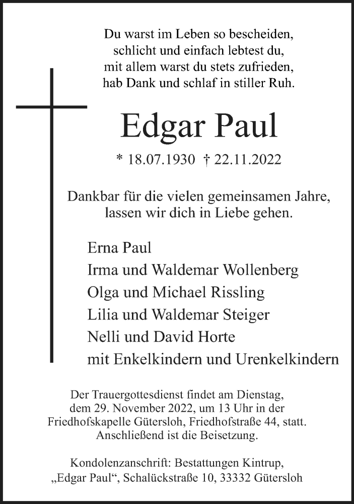  Traueranzeige für Edgar Paul vom 25.11.2022 aus Neue Westfälische
