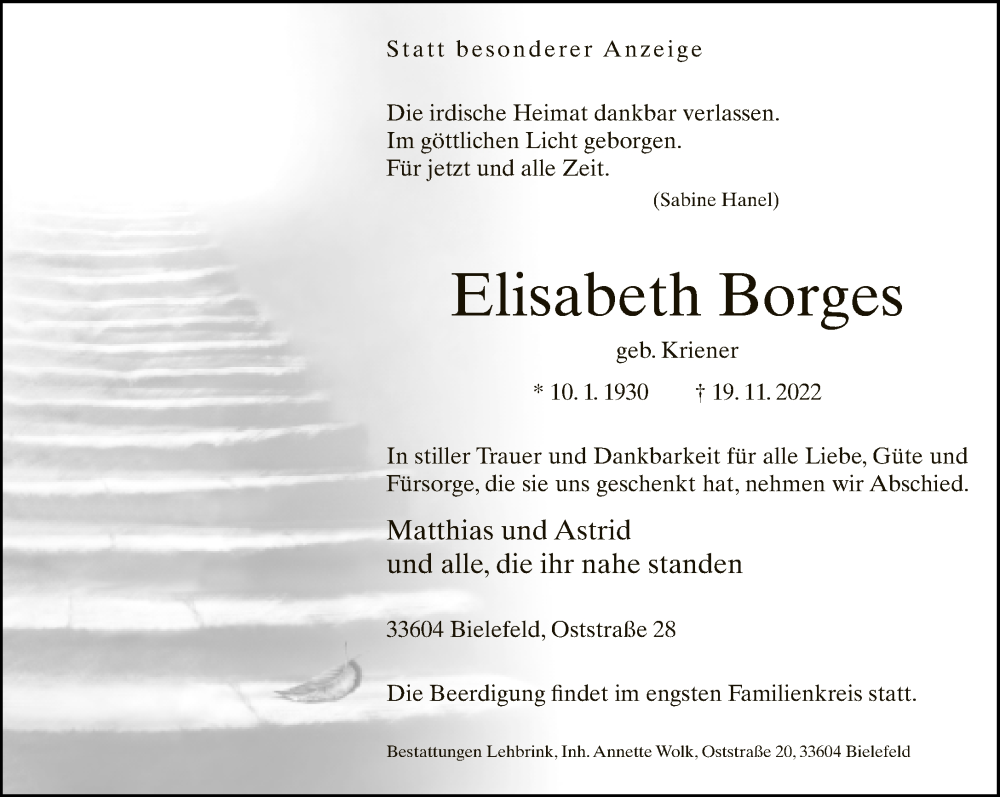  Traueranzeige für Elisabeth Borges vom 24.11.2022 aus Neue Westfälische