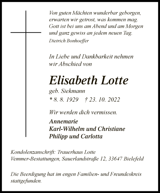 Traueranzeige von Elisabeth Lotte von Neue Westfälische