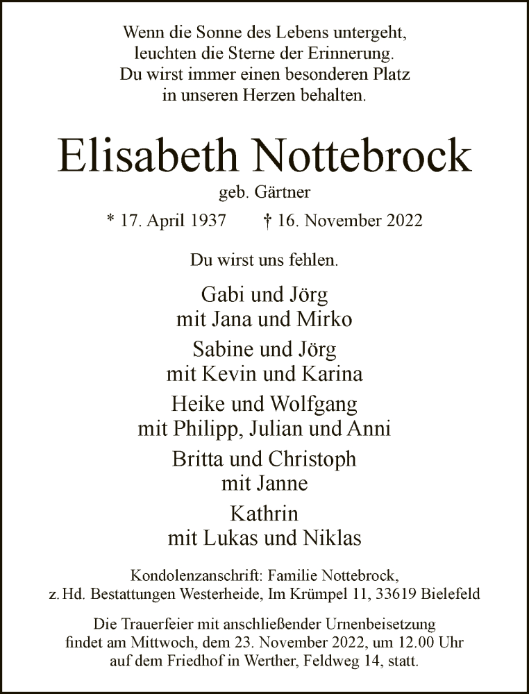  Traueranzeige für Elisabeth Nottebrock vom 19.11.2022 aus Neue Westfälische