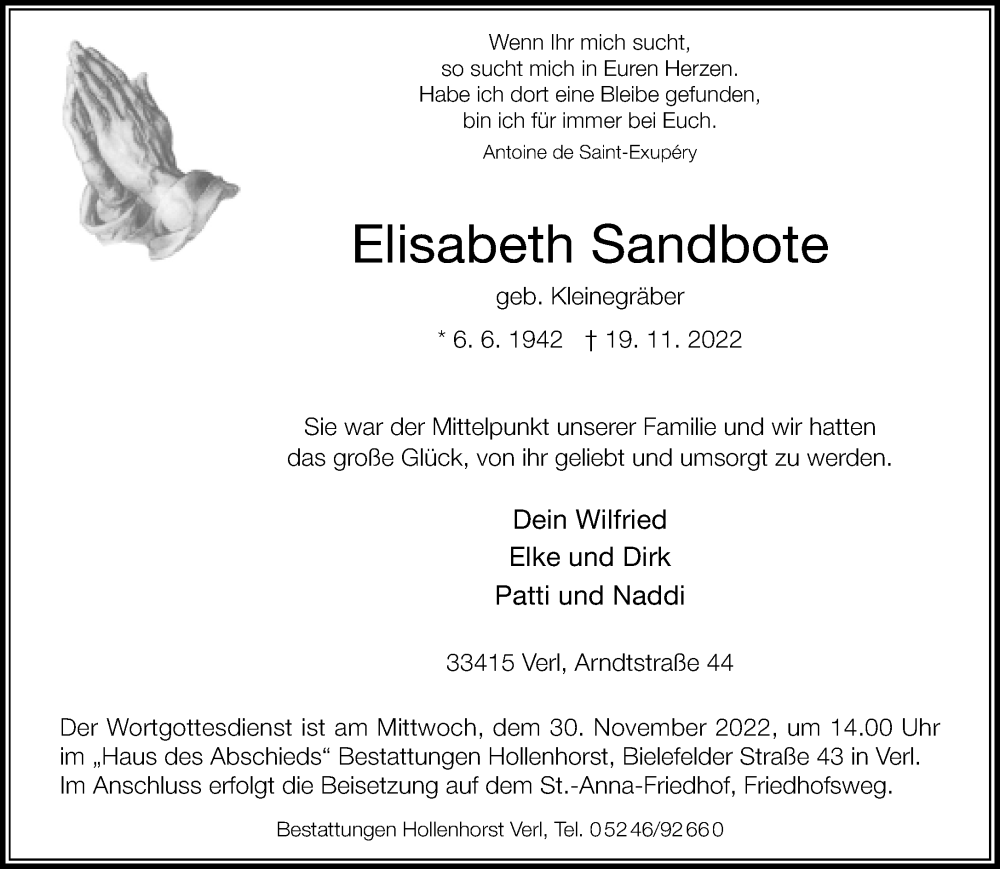  Traueranzeige für Elisabeth Sandbote vom 26.11.2022 aus Neue Westfälische