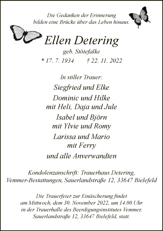 Traueranzeige von Ellen Detering von Neue Westfälische