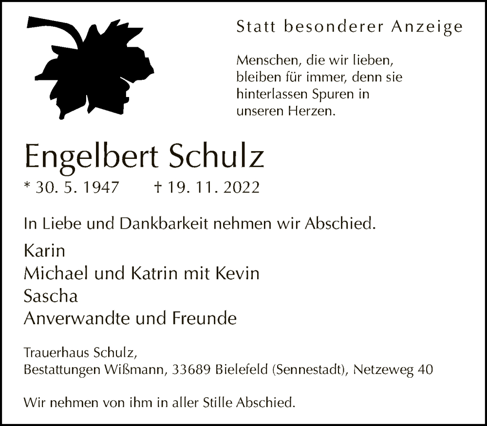  Traueranzeige für Engelbert Schulz vom 23.11.2022 aus Neue Westfälische